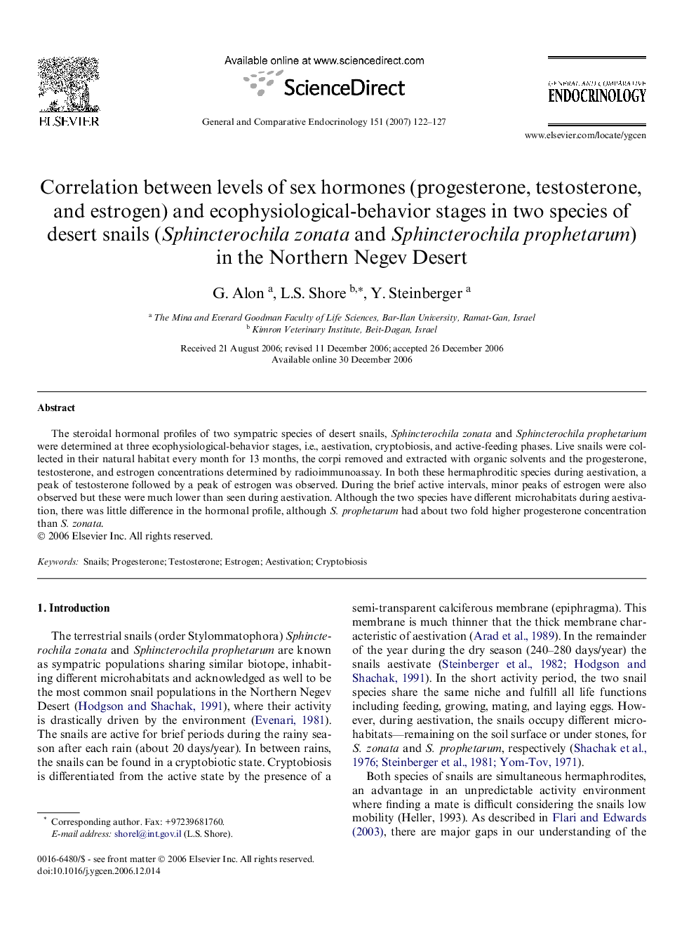 Correlation between levels of sex hormones (progesterone, testosterone, and estrogen) and ecophysiological-behavior stages in two species of desert snails (Sphincterochila zonata and Sphincterochila prophetarum) in the Northern Negev Desert