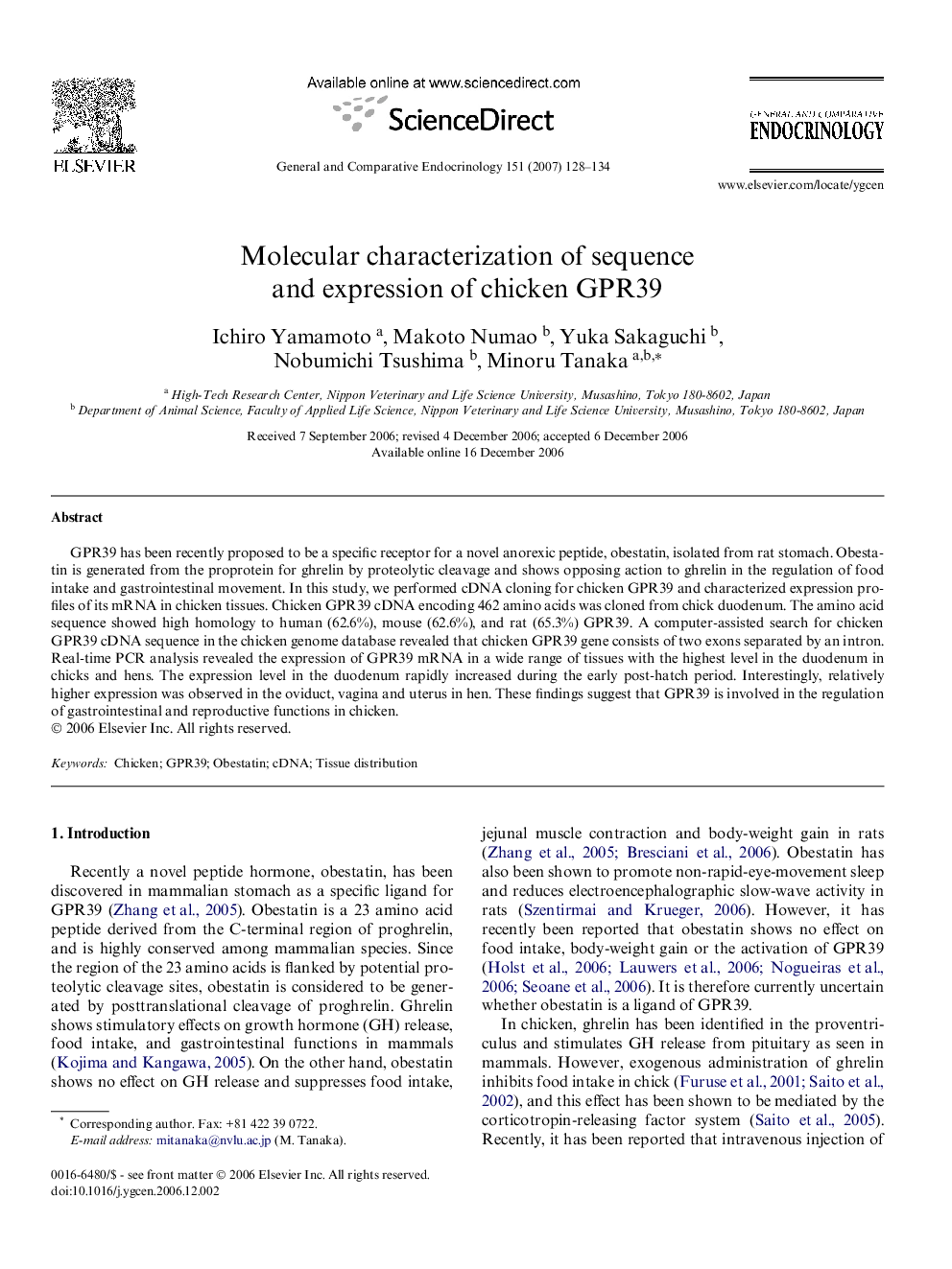 Molecular characterization of sequence and expression of chicken GPR39