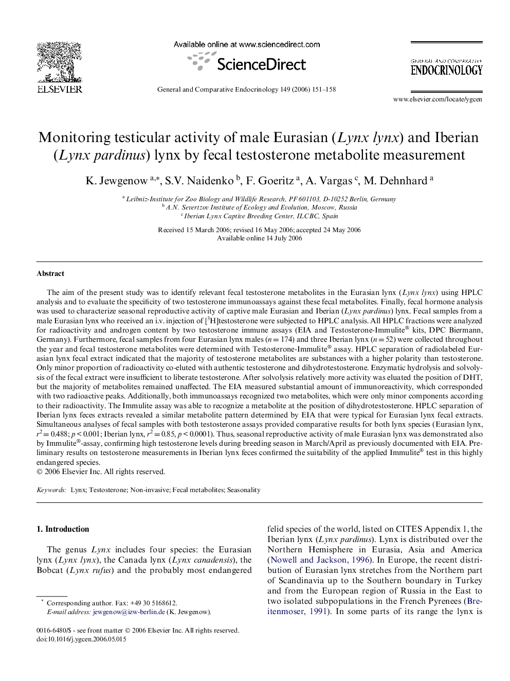 عکس صفحه اول مقاله: Monitoring testicular activity of male Eurasian (Lynx lynx) and Iberian (Lynx pardinus) lynx by fecal testosterone metabolite measurement Monitoring testicular activity of male Eurasian (Lynx lynx) and Iberian (Lynx pardinus) lynx by fecal testosterone metabolite measurement