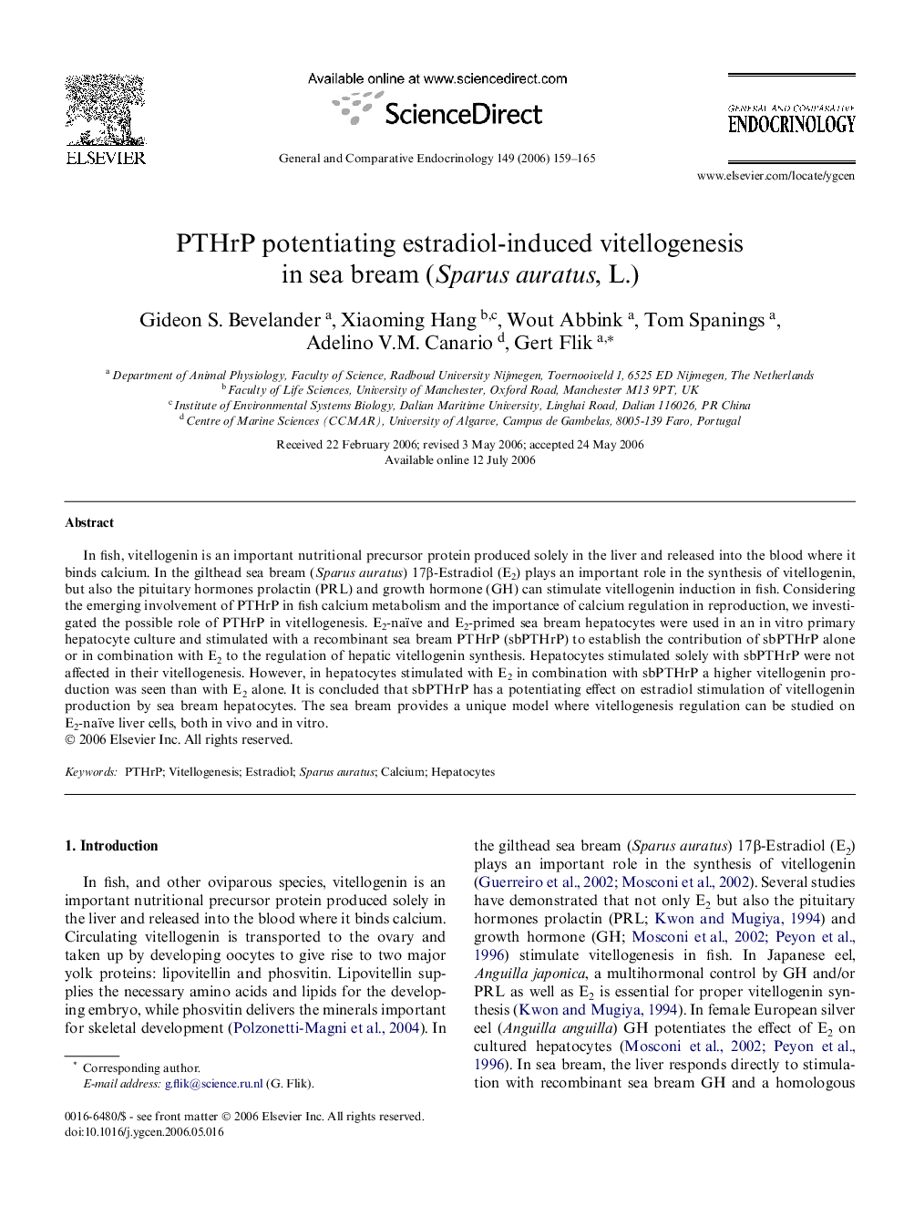 PTHrP potentiating estradiol-induced vitellogenesis in sea bream (Sparus auratus, L.)