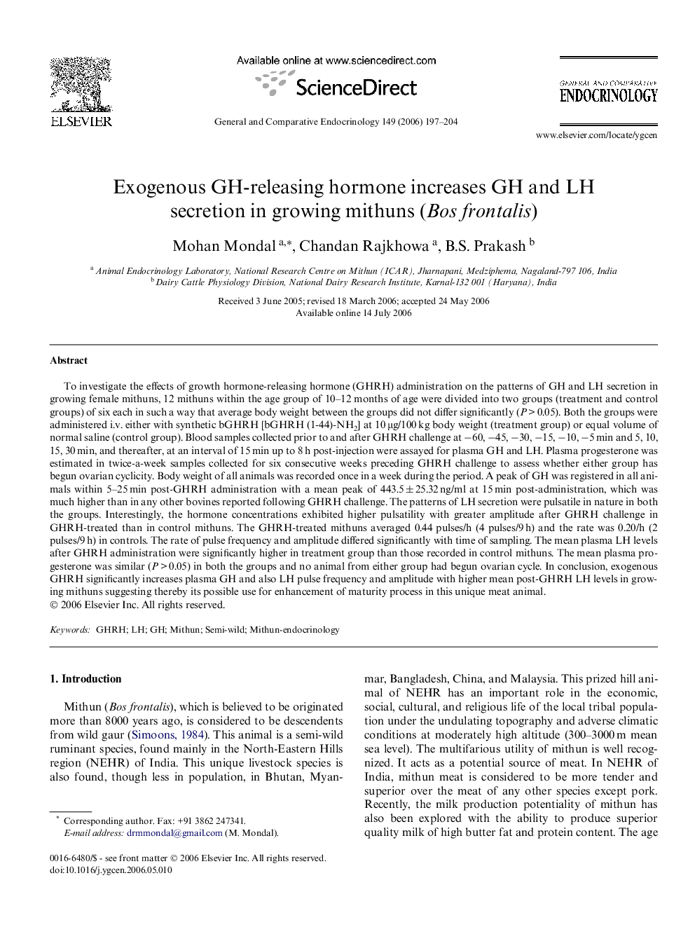 Exogenous GH-releasing hormone increases GH and LH secretion in growing mithuns (Bos frontalis)