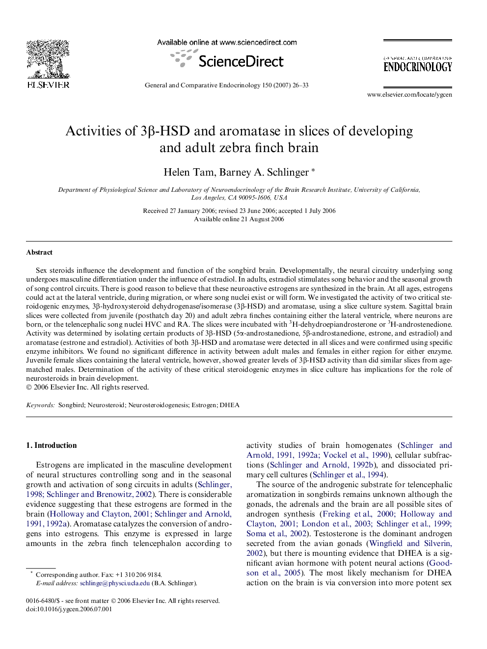 Activities of 3β-HSD and aromatase in slices of developing and adult zebra finch brain