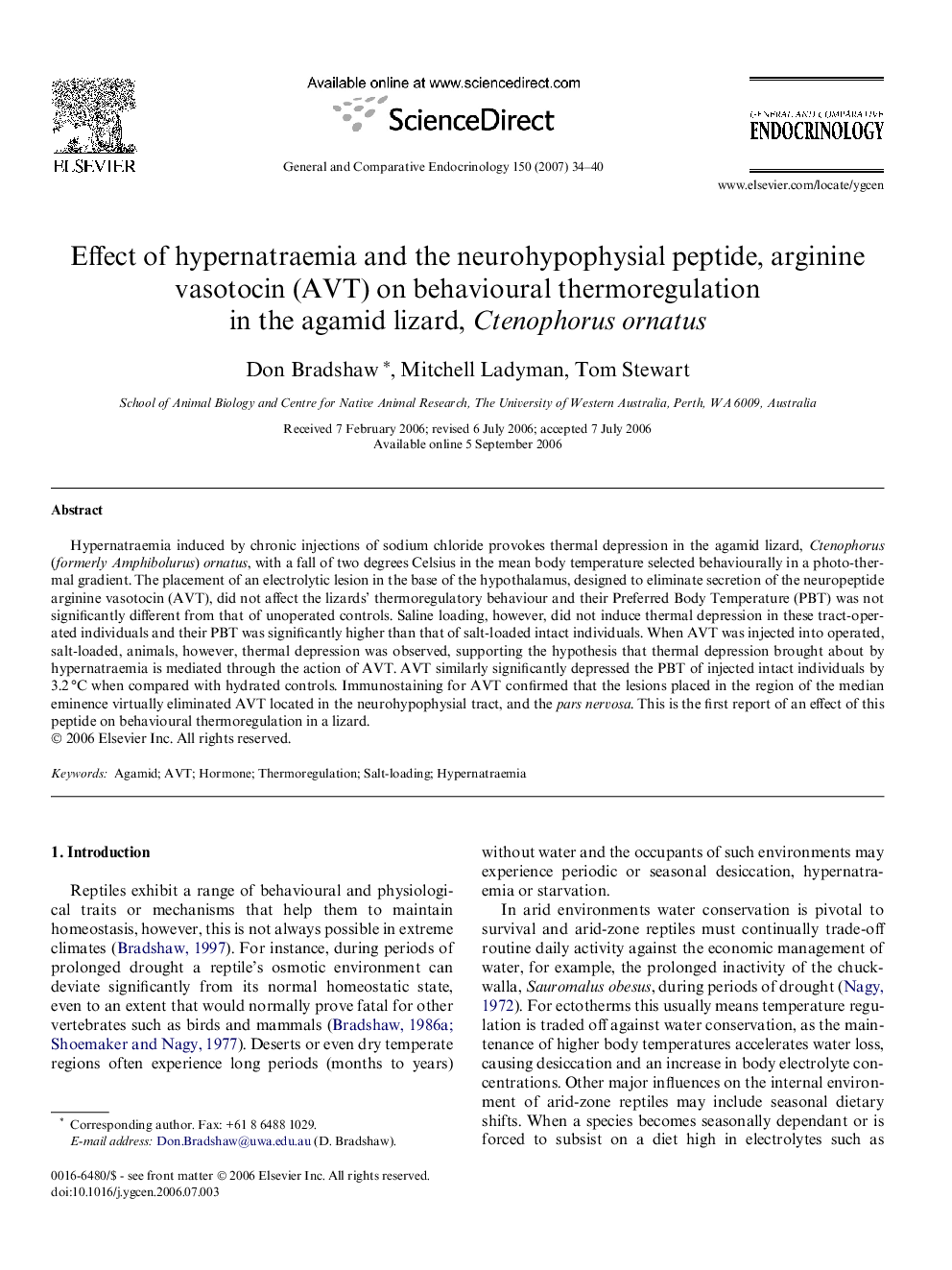 Effect of hypernatraemia and the neurohypophysial peptide, arginine vasotocin (AVT) on behavioural thermoregulation in the agamid lizard, Ctenophorus ornatus