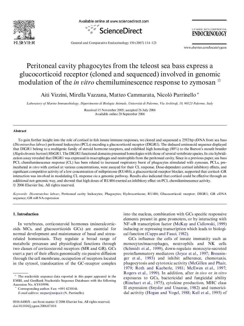 Peritoneal cavity phagocytes from the teleost sea bass express a glucocorticoid receptor (cloned and sequenced) involved in genomic modulation of the in vitro chemiluminescence response to zymosan 