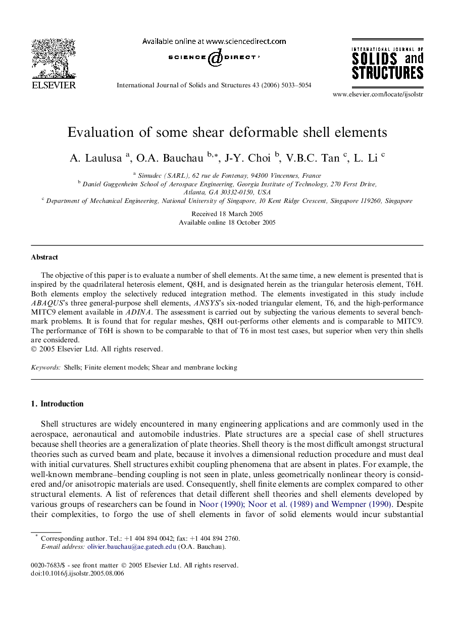 Evaluation of some shear deformable shell elements