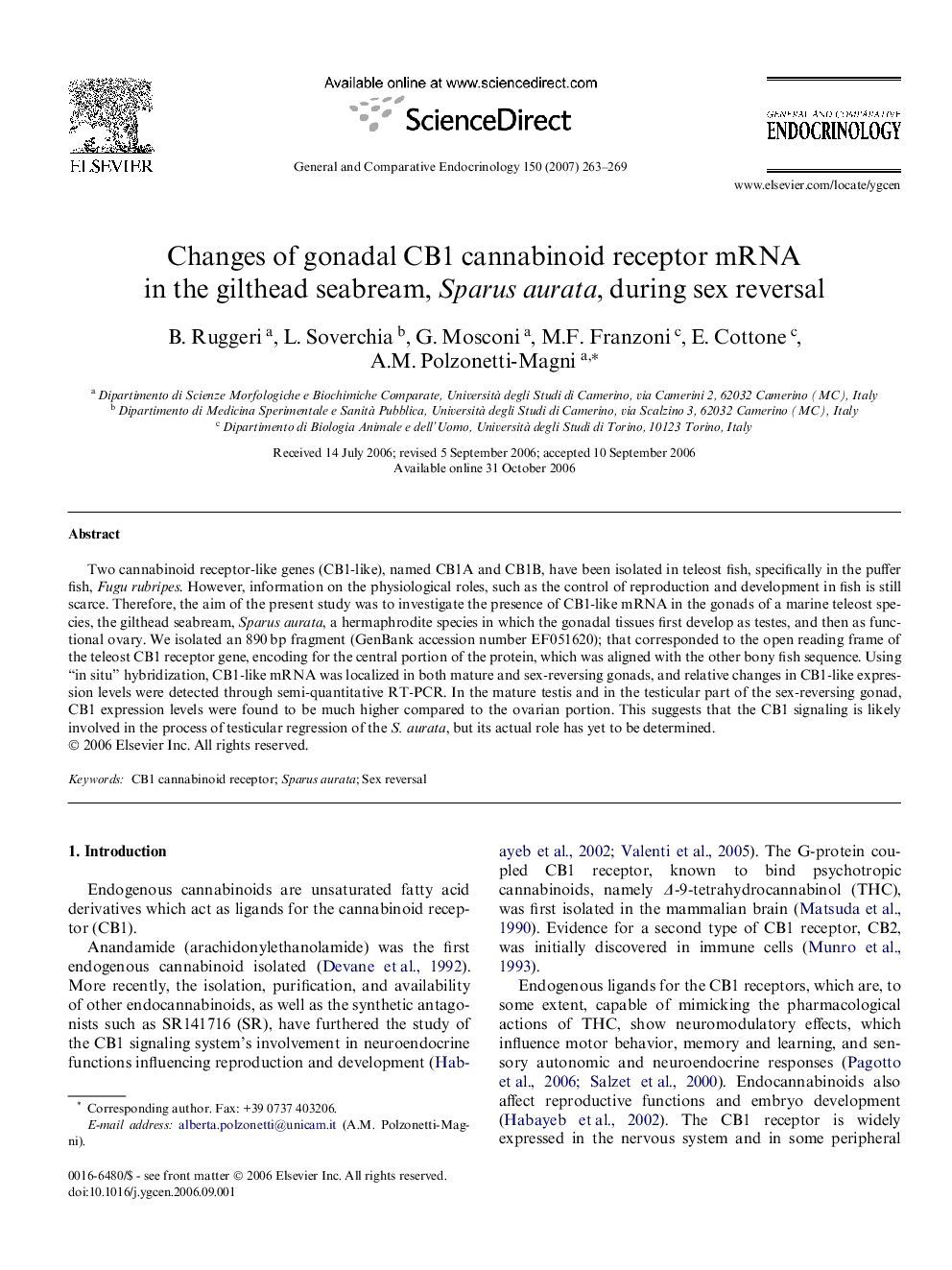 Changes of gonadal CB1 cannabinoid receptor mRNA in the gilthead seabream, Sparus aurata, during sex reversal