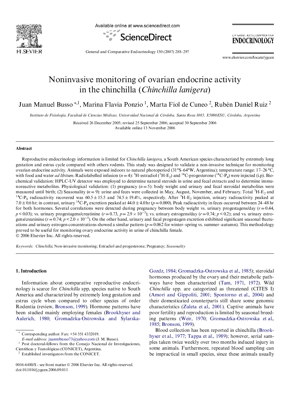 Noninvasive monitoring of ovarian endocrine activity in the chinchilla (Chinchilla lanigera)