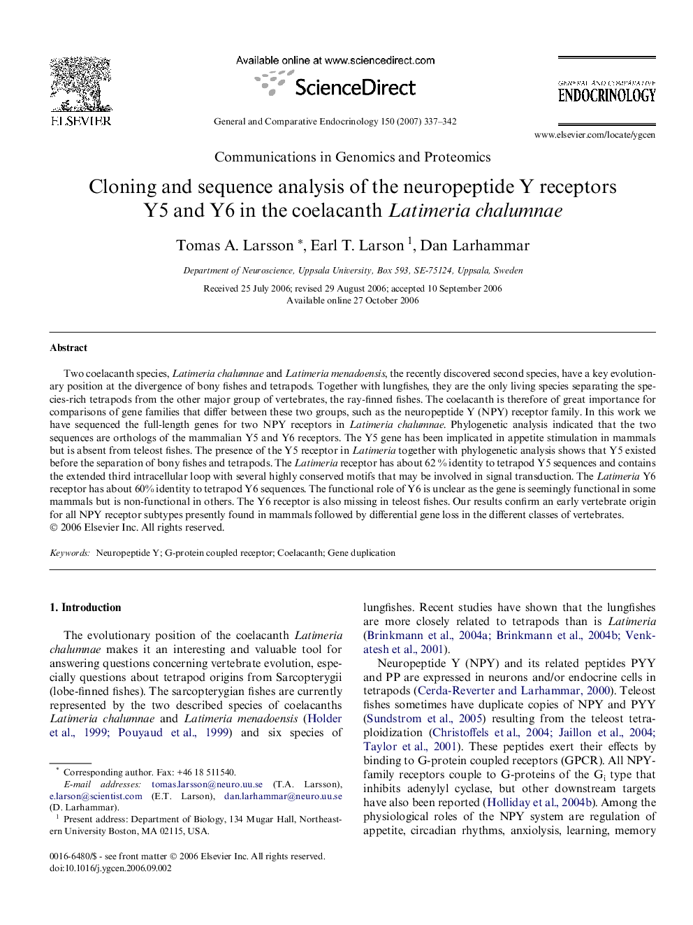 Cloning and sequence analysis of the neuropeptide Y receptors Y5 and Y6 in the coelacanth Latimeria chalumnae