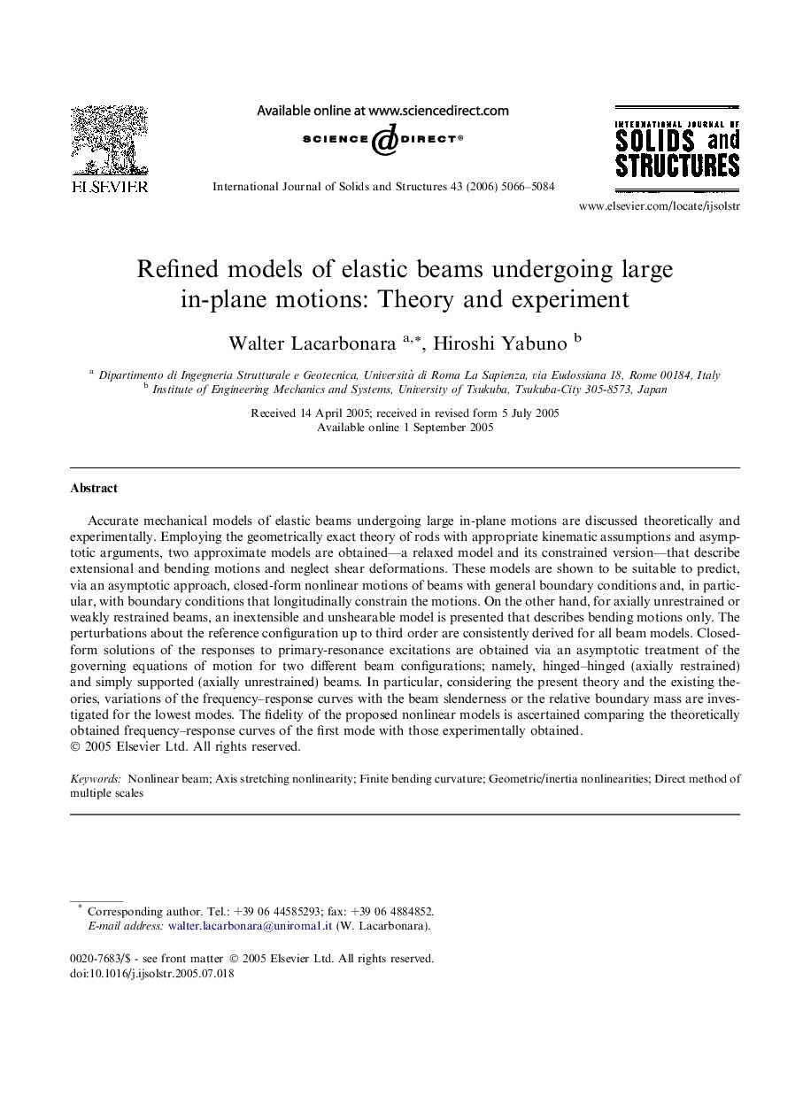 Refined models of elastic beams undergoing large in-plane motions: Theory and experiment