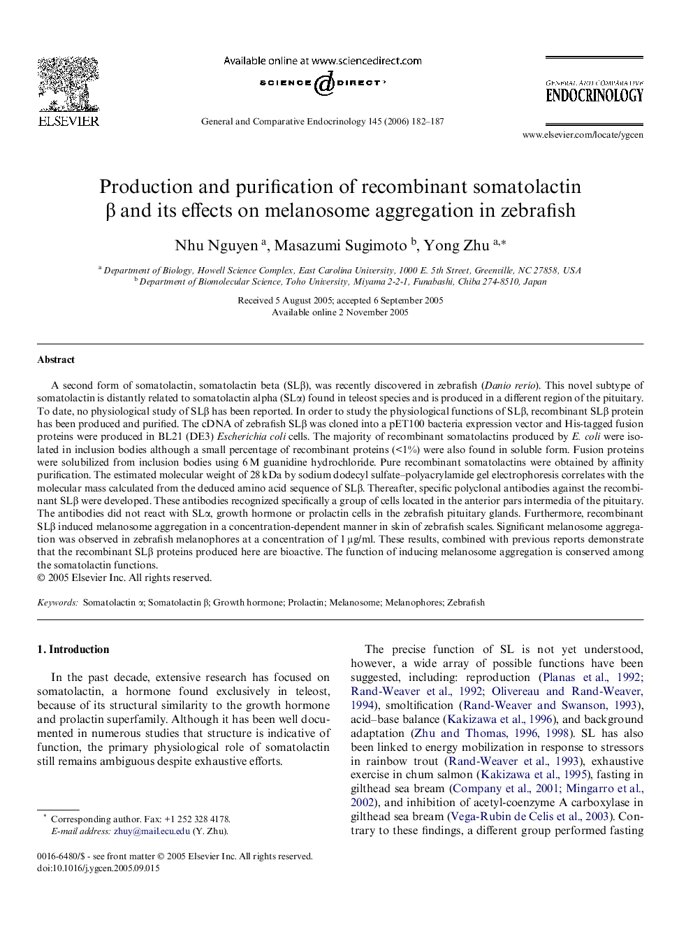 Production and purification of recombinant somatolactin β and its effects on melanosome aggregation in zebrafish