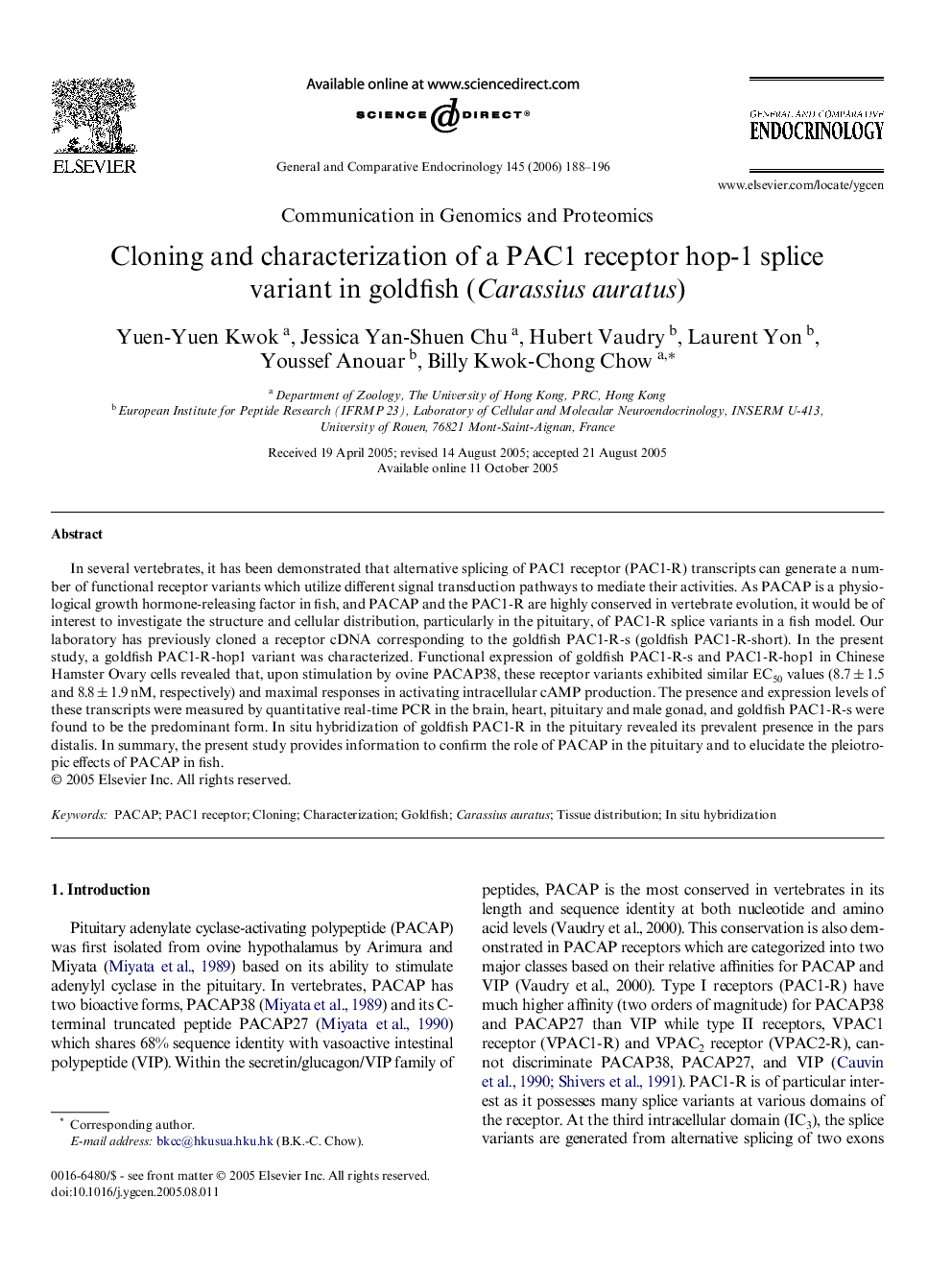 Cloning and characterization of a PAC1 receptor hop-1 splice variant in goldfish (Carassius auratus)