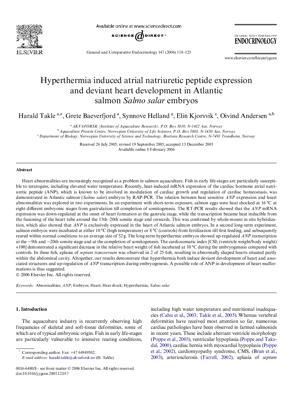 Hyperthermia induced atrial natriuretic peptide expression and deviant heart development in Atlantic salmon Salmo salar embryos