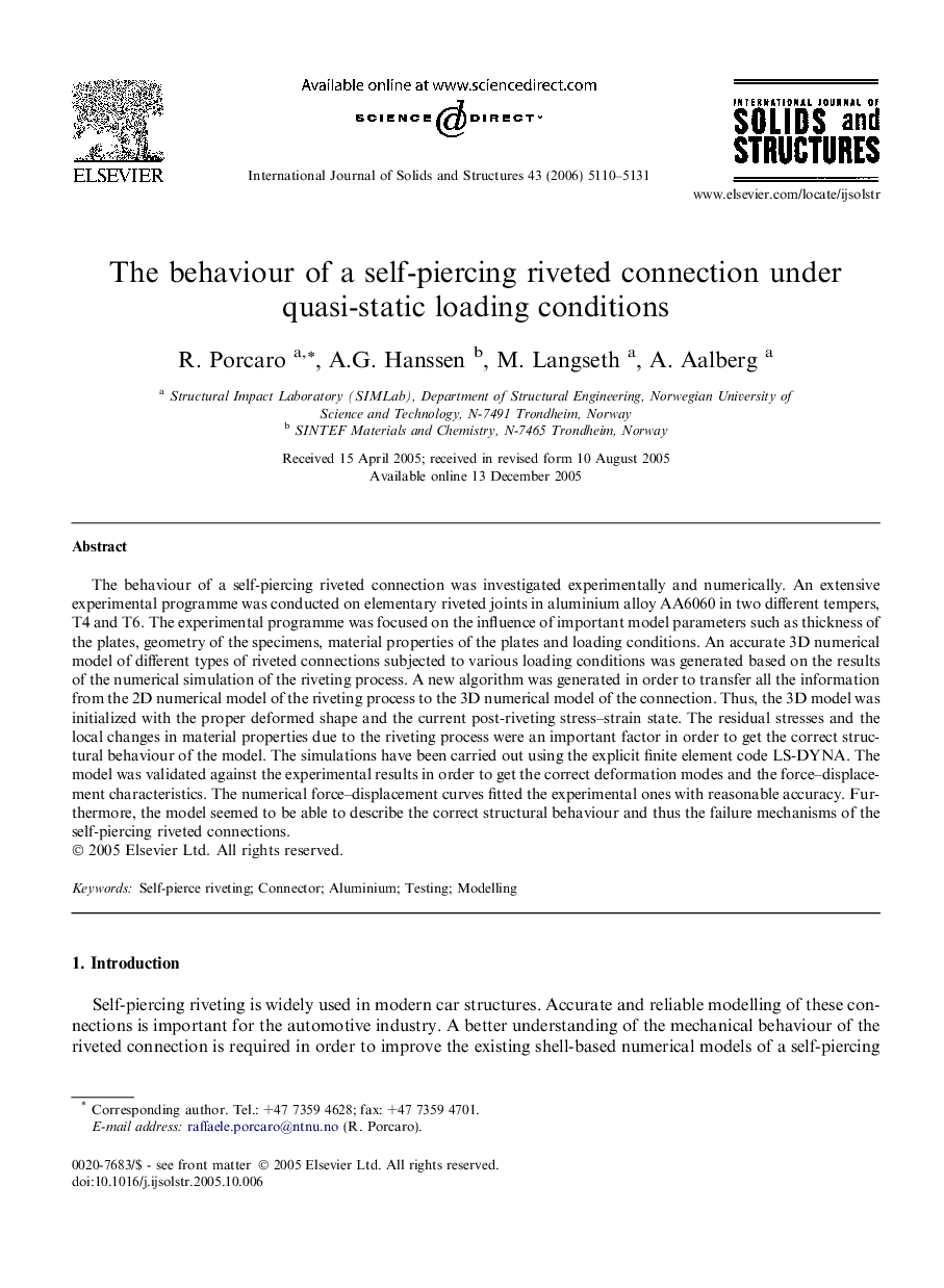 The behaviour of a self-piercing riveted connection under quasi-static loading conditions