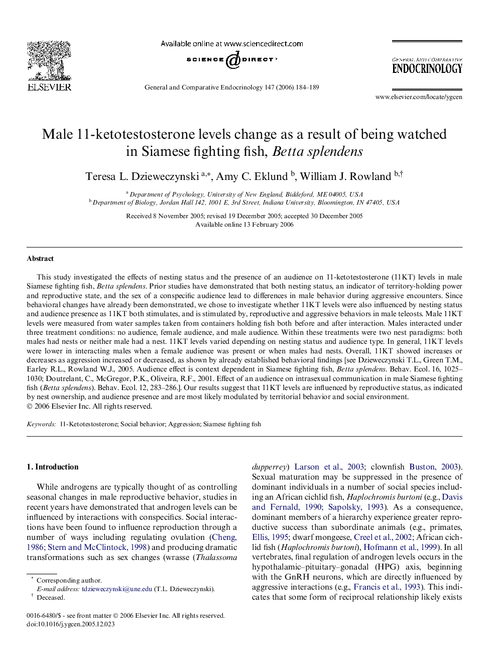 Male 11-ketotestosterone levels change as a result of being watched in Siamese fighting fish, Betta splendens