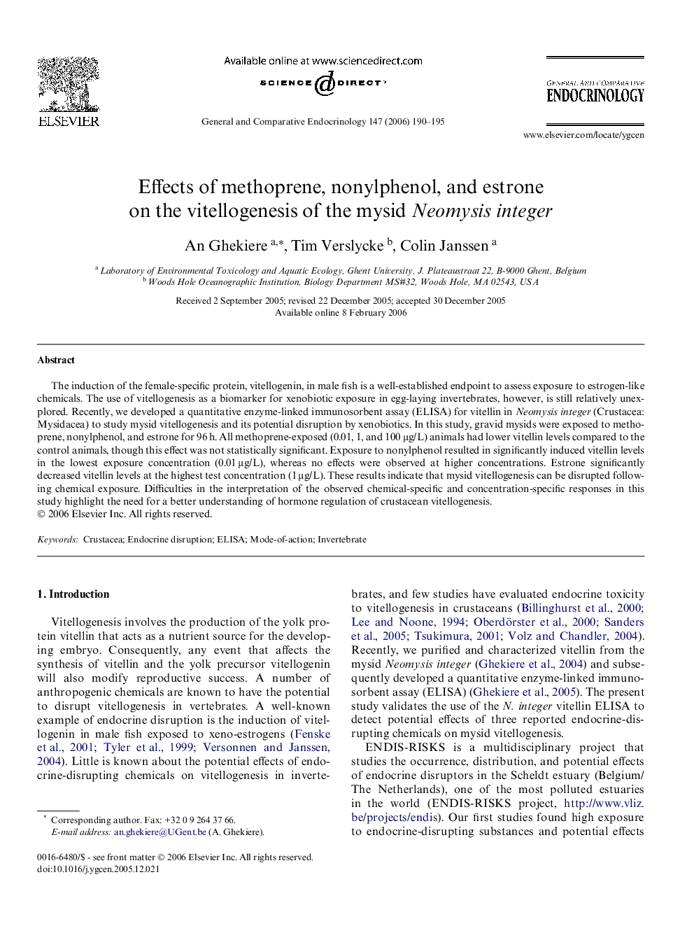 Effects of methoprene, nonylphenol, and estrone on the vitellogenesis of the mysid Neomysis integer