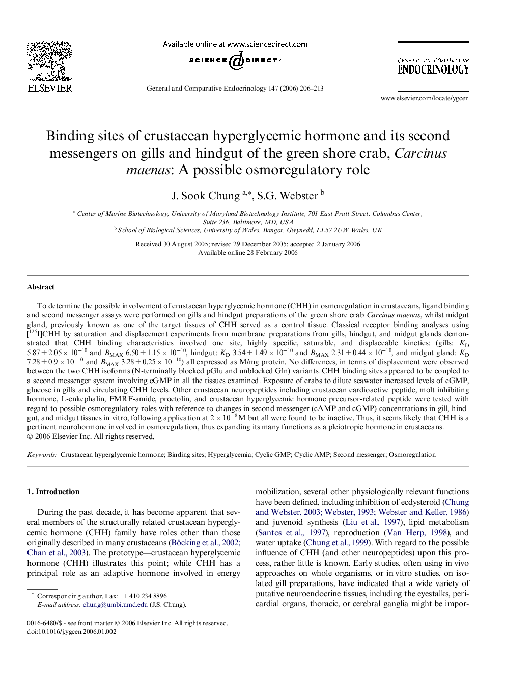 Binding sites of crustacean hyperglycemic hormone and its second messengers on gills and hindgut of the green shore crab, Carcinus maenas: A possible osmoregulatory role