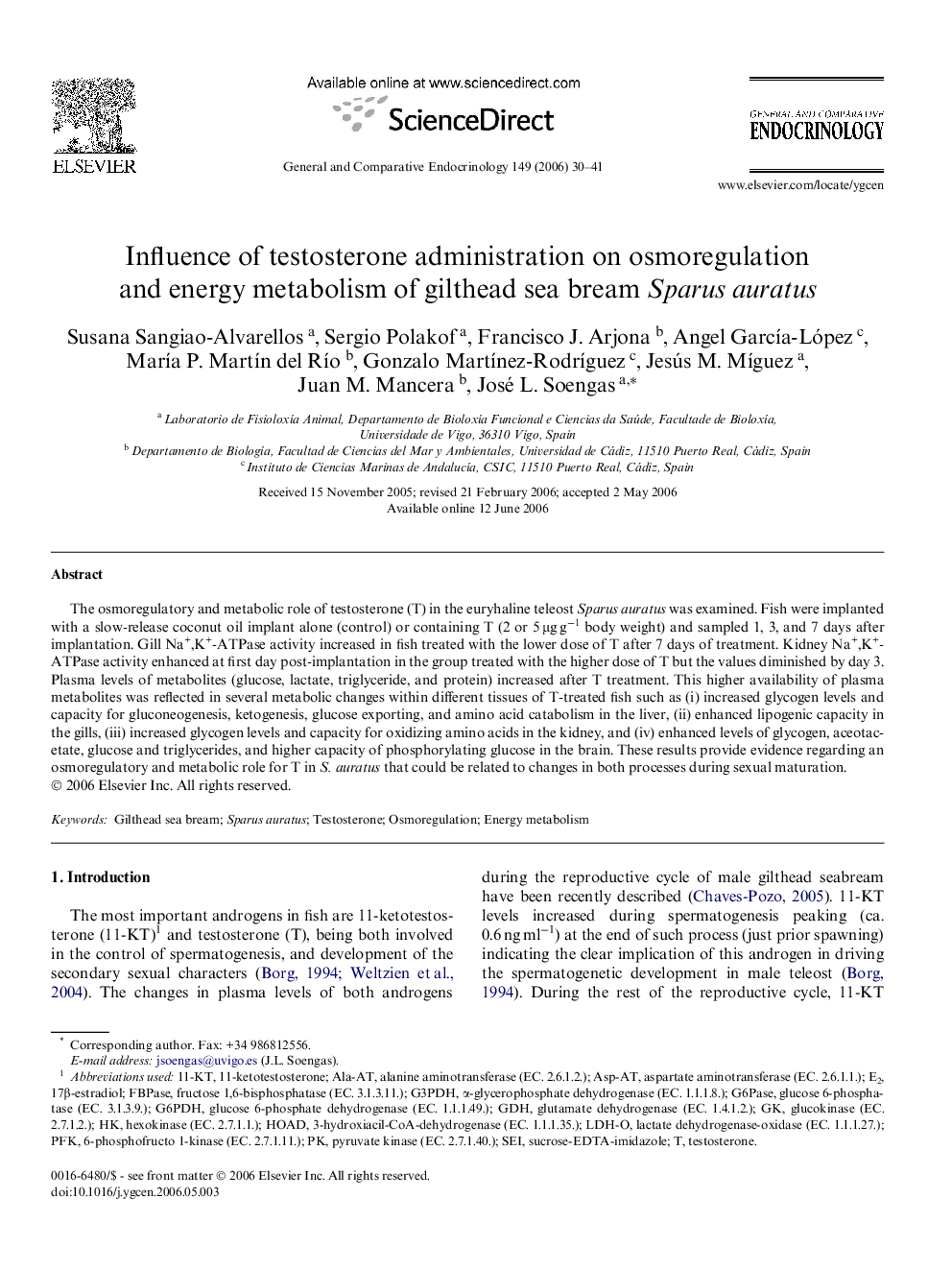 Influence of testosterone administration on osmoregulation and energy metabolism of gilthead sea bream Sparus auratus