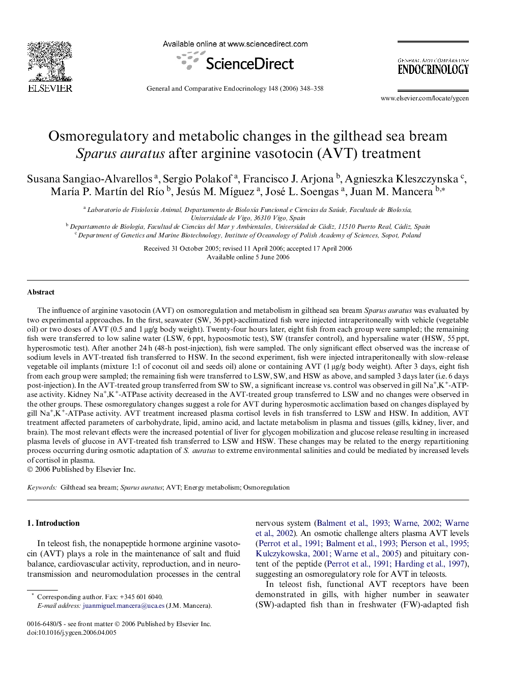 Osmoregulatory and metabolic changes in the gilthead sea bream Sparus auratus after arginine vasotocin (AVT) treatment