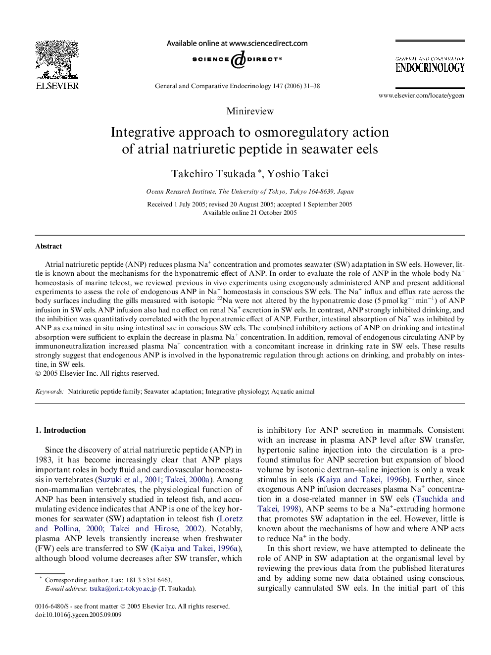 Integrative approach to osmoregulatory action of atrial natriuretic peptide in seawater eels