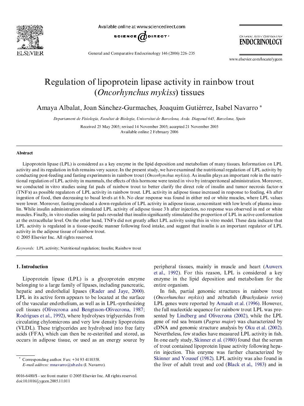 Regulation of lipoprotein lipase activity in rainbow trout (Oncorhynchus mykiss) tissues