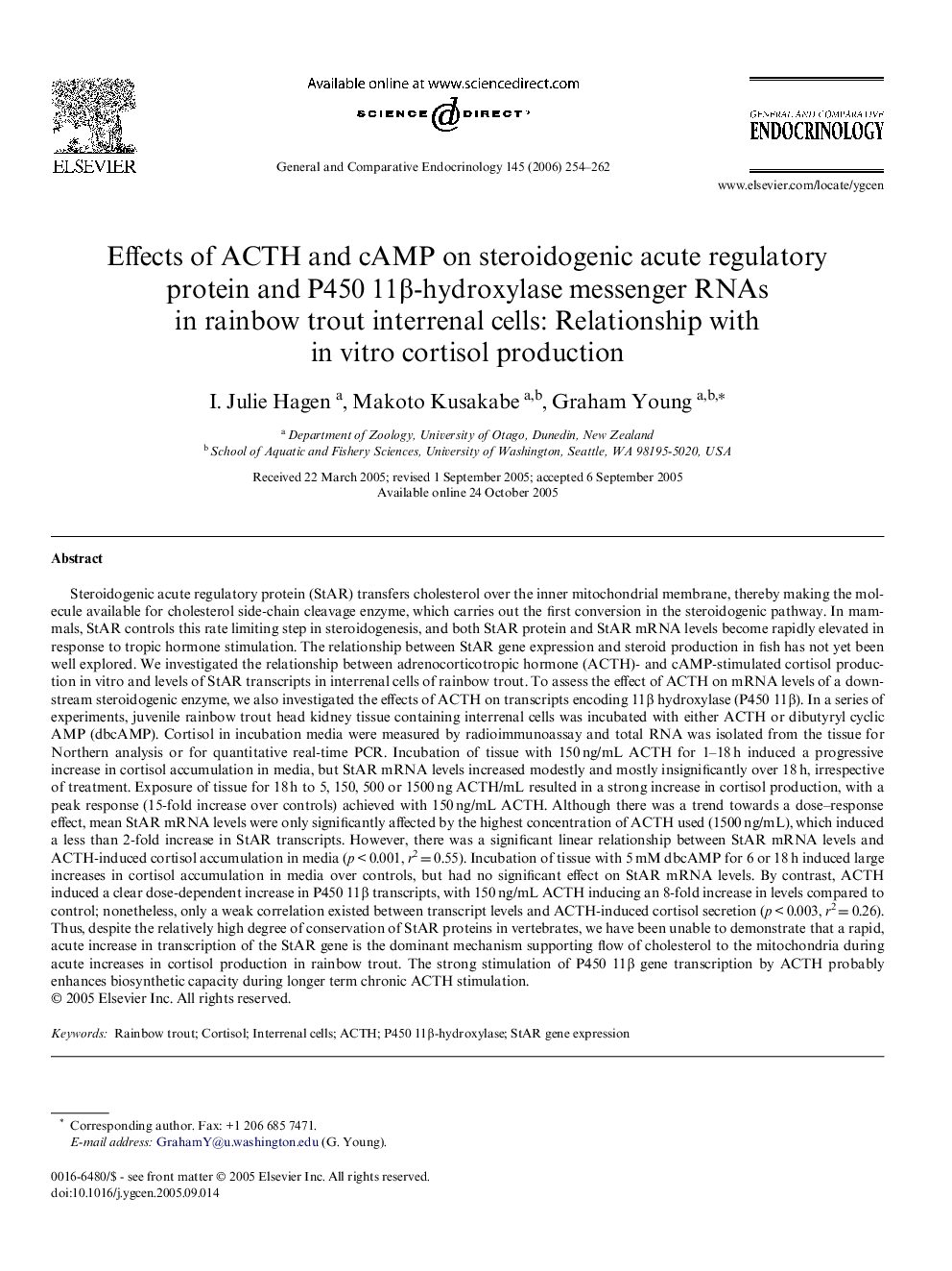 Effects of ACTH and cAMP on steroidogenic acute regulatory protein and P450 11β-hydroxylase messenger RNAs in rainbow trout interrenal cells: Relationship with in vitro cortisol production