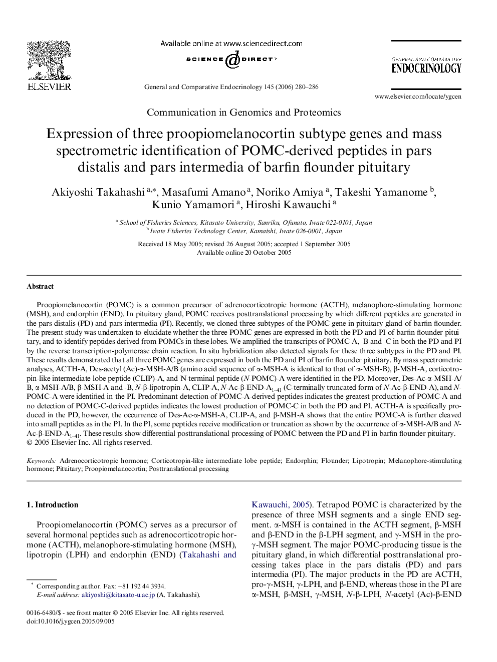 Expression of three proopiomelanocortin subtype genes and mass spectrometric identification of POMC-derived peptides in pars distalis and pars intermedia of barfin flounder pituitary