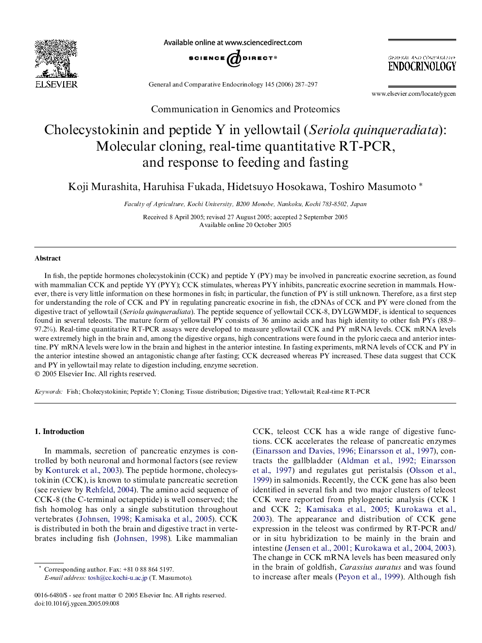 Cholecystokinin and peptide Y in yellowtail (Seriola quinqueradiata): Molecular cloning, real-time quantitative RT-PCR, and response to feeding and fasting