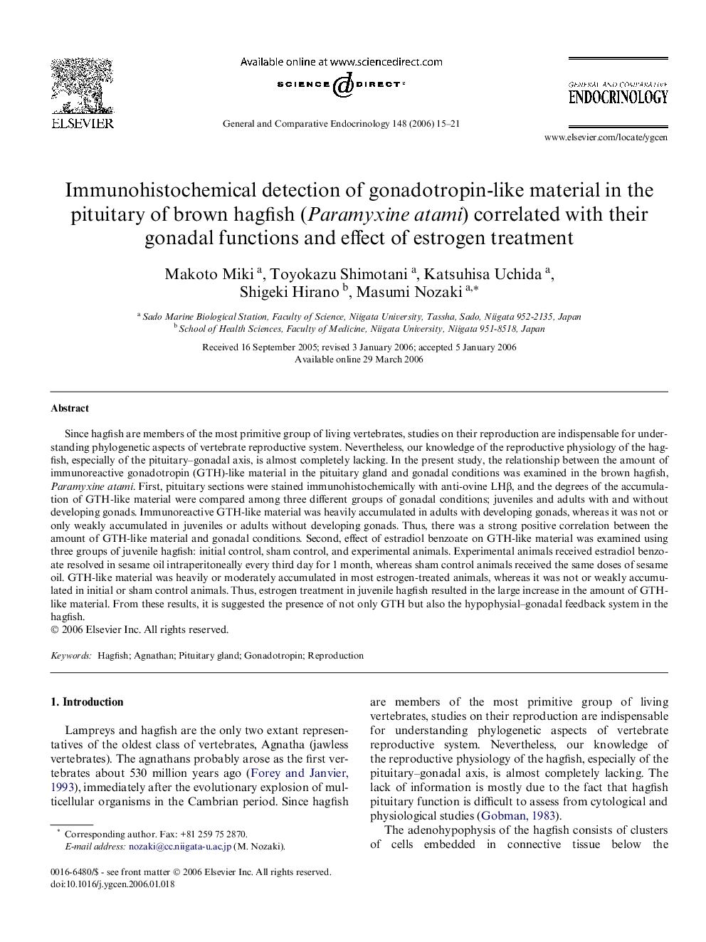 Immunohistochemical detection of gonadotropin-like material in the pituitary of brown hagfish (Paramyxine atami) correlated with their gonadal functions and effect of estrogen treatment