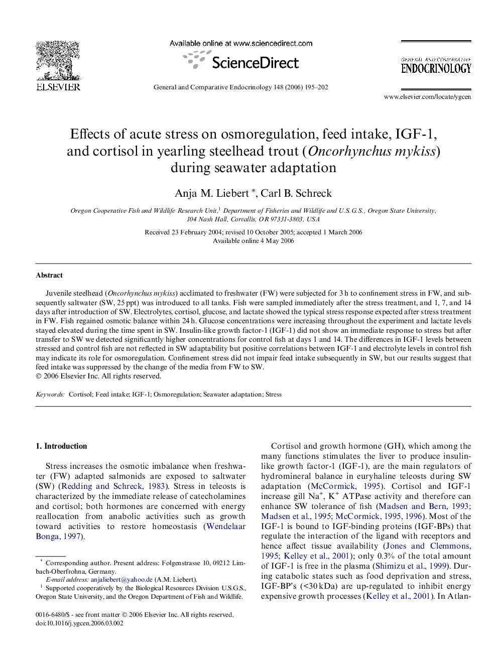 Effects of acute stress on osmoregulation, feed intake, IGF-1, and cortisol in yearling steelhead trout (Oncorhynchus mykiss) during seawater adaptation