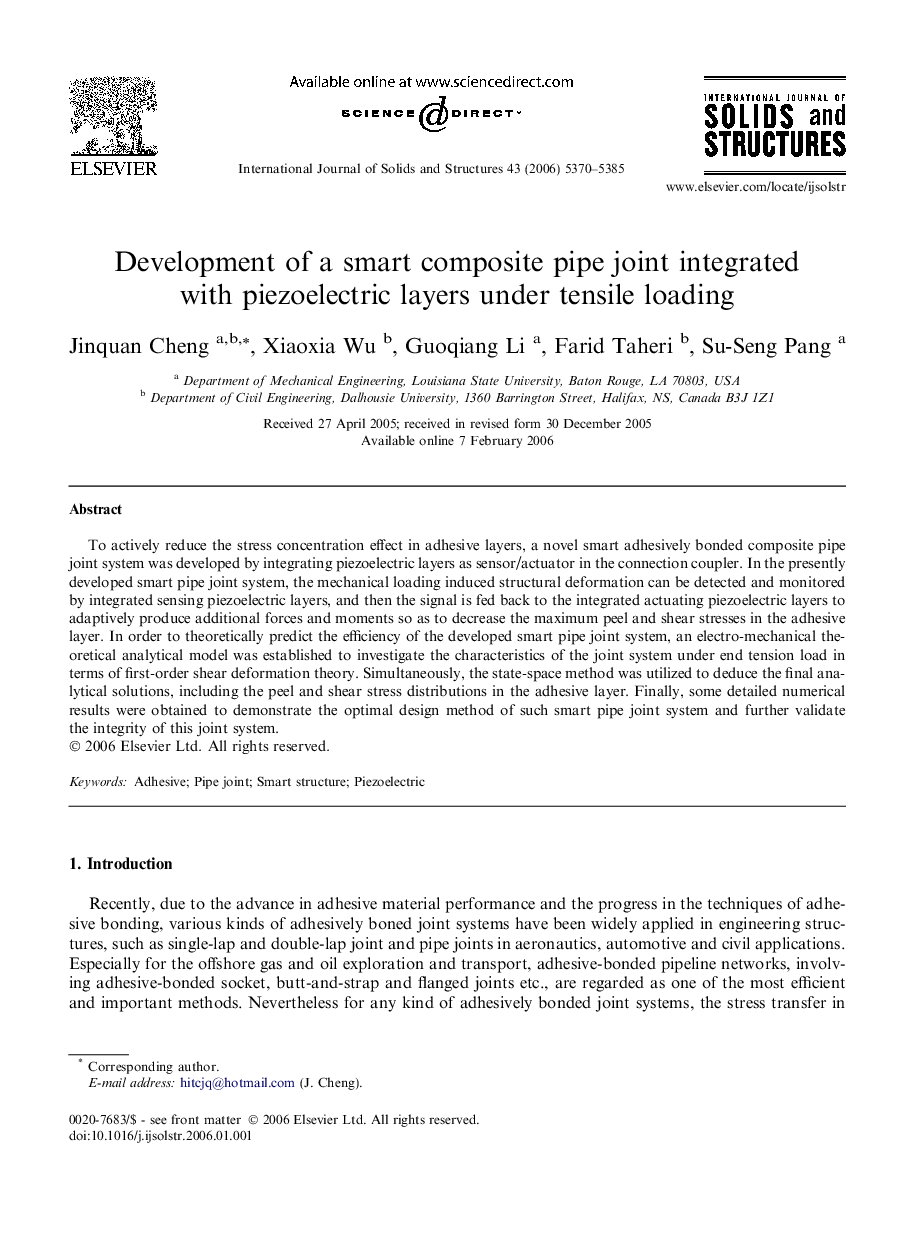 Development of a smart composite pipe joint integrated with piezoelectric layers under tensile loading