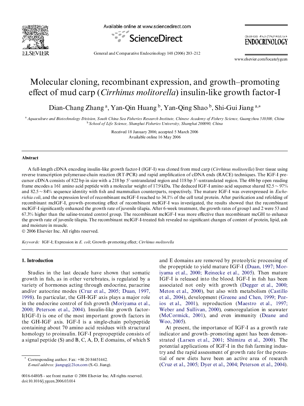 Molecular cloning, recombinant expression, and growth–promoting effect of mud carp (Cirrhinus molitorella) insulin-like growth factor-I