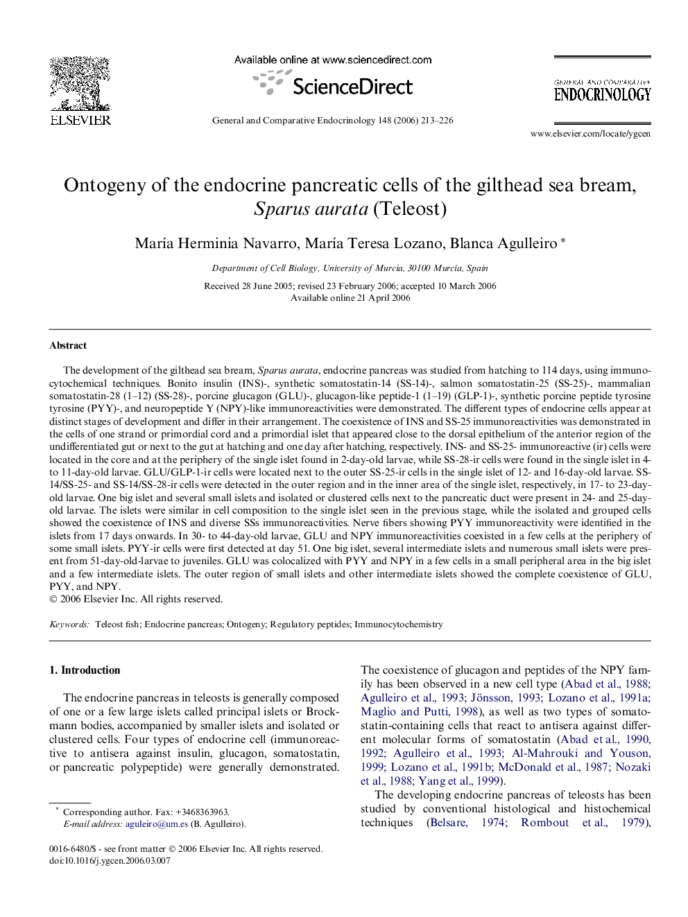 Ontogeny of the endocrine pancreatic cells of the gilthead sea bream, Sparus aurata (Teleost)