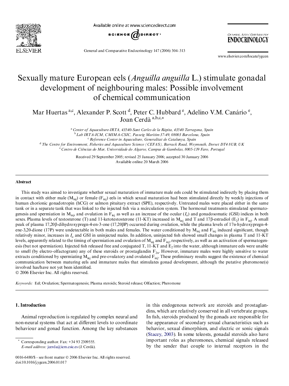 Sexually mature European eels (Anguilla anguilla L.) stimulate gonadal development of neighbouring males: Possible involvement of chemical communication