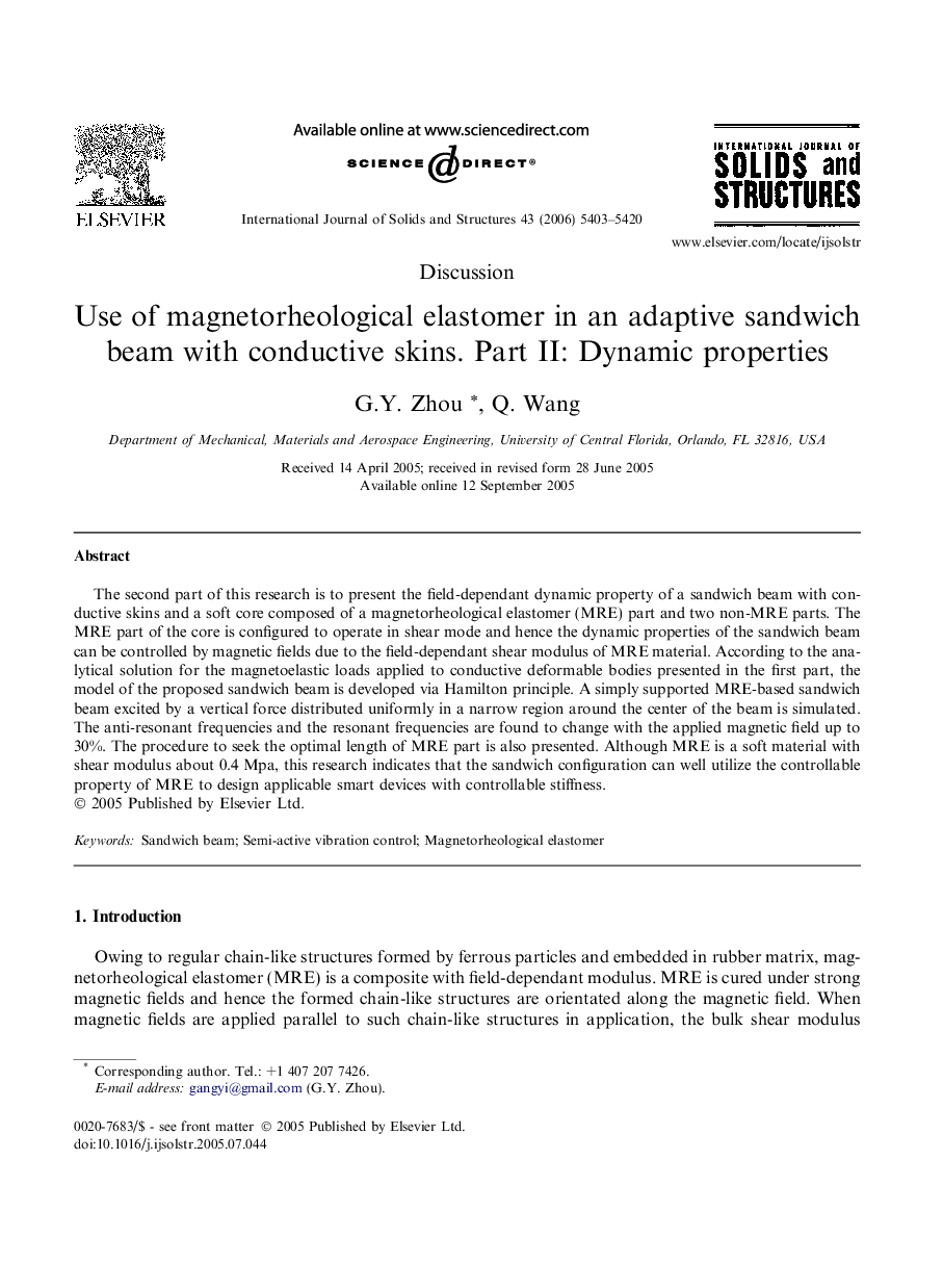 Use of magnetorheological elastomer in an adaptive sandwich beam with conductive skins. Part II: Dynamic properties