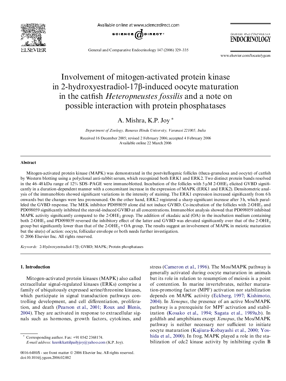 Involvement of mitogen-activated protein kinase in 2-hydroxyestradiol-17β-induced oocyte maturation in the catfish Heteropneustes fossilis and a note on possible interaction with protein phosphatases