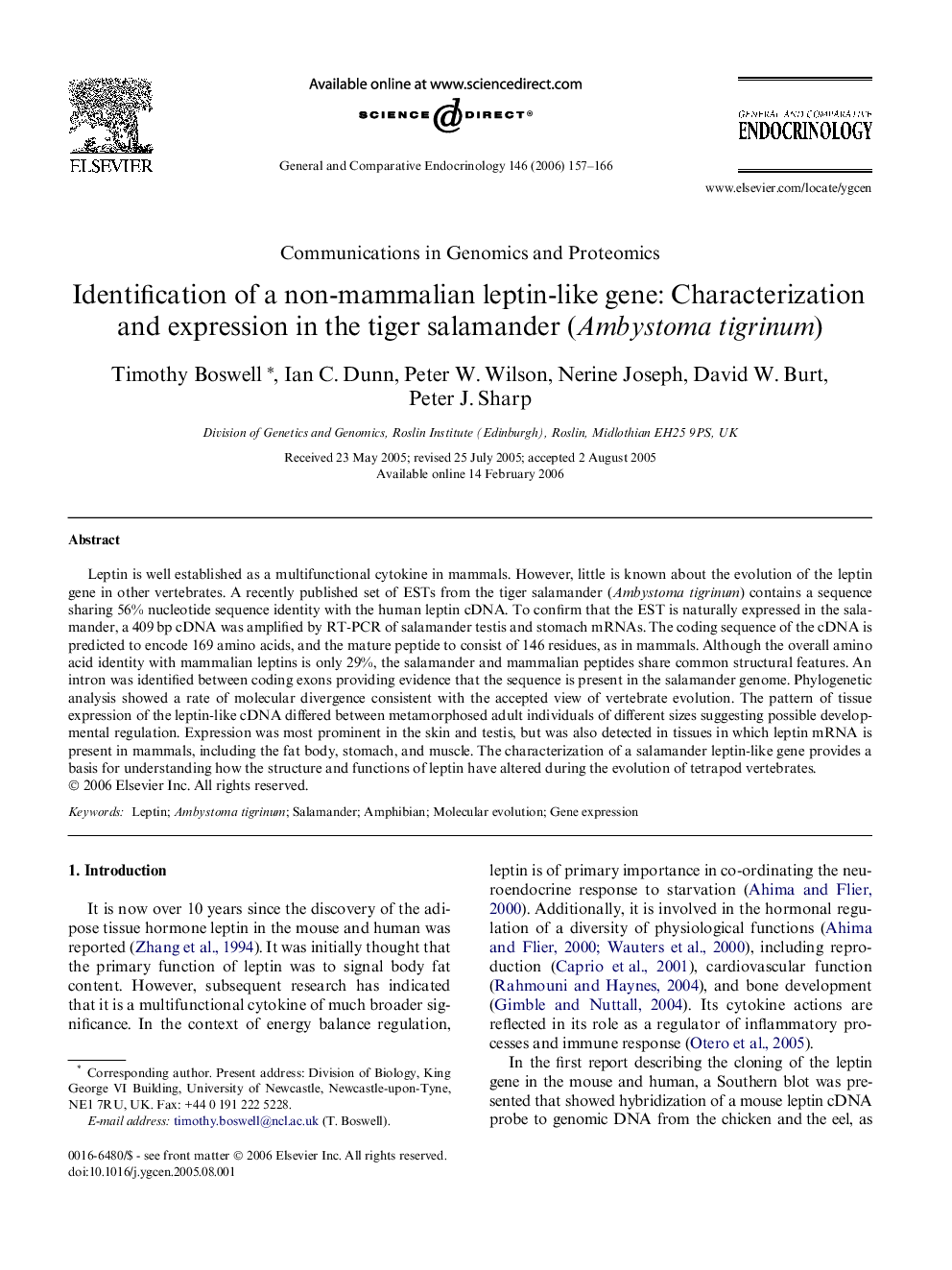 Identification of a non-mammalian leptin-like gene: Characterization and expression in the tiger salamander (Ambystoma tigrinum)