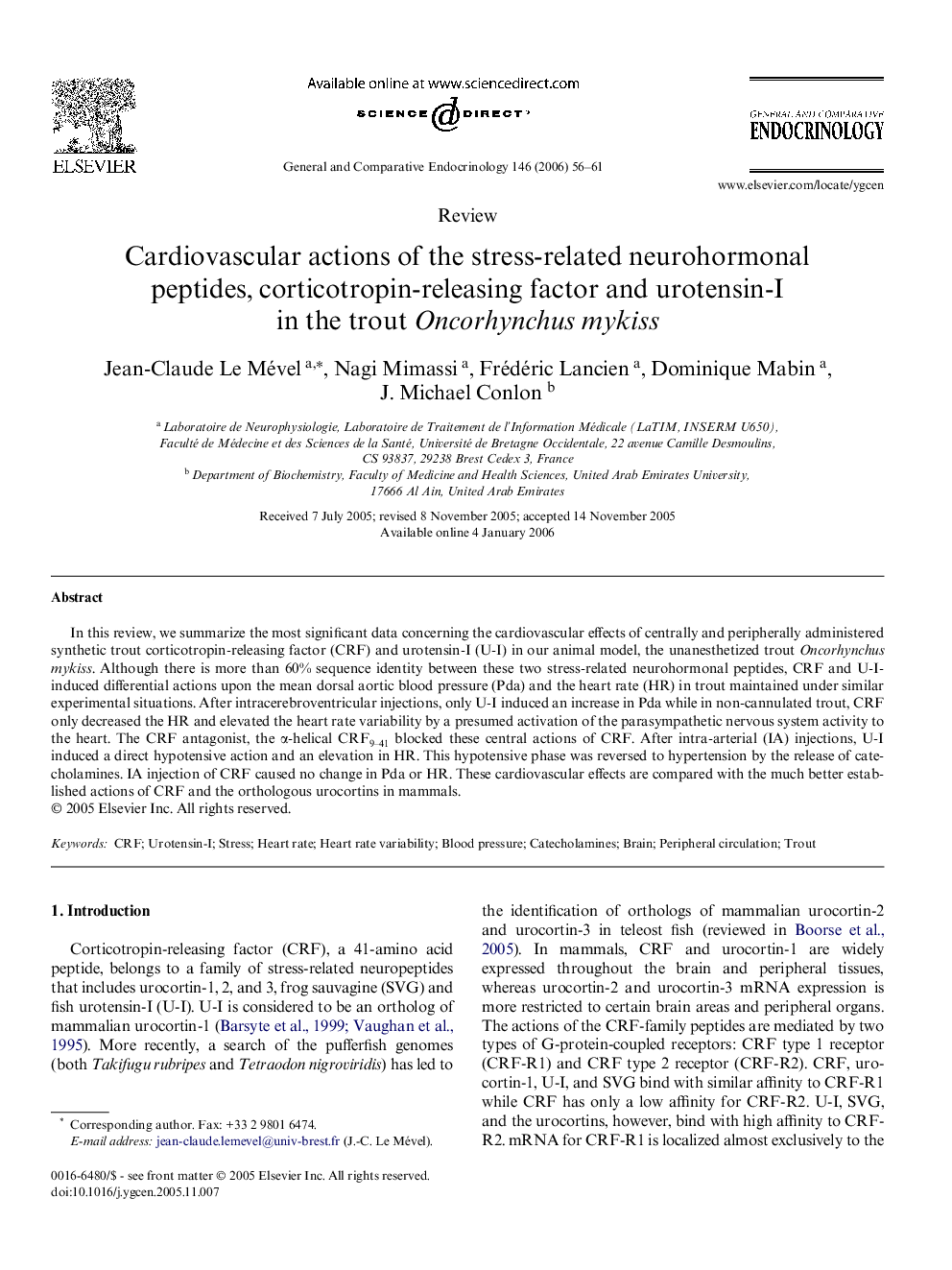 Cardiovascular actions of the stress-related neurohormonal peptides, corticotropin-releasing factor and urotensin-I in the trout Oncorhynchus mykiss