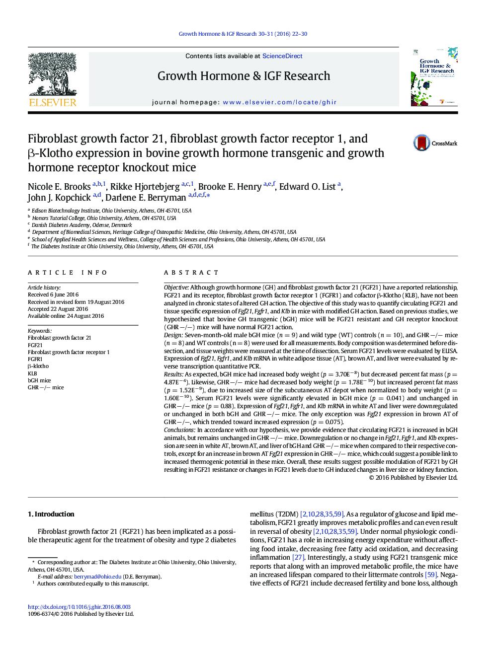 Fibroblast growth factor 21, fibroblast growth factor receptor 1, and β-Klotho expression in bovine growth hormone transgenic and growth hormone receptor knockout mice