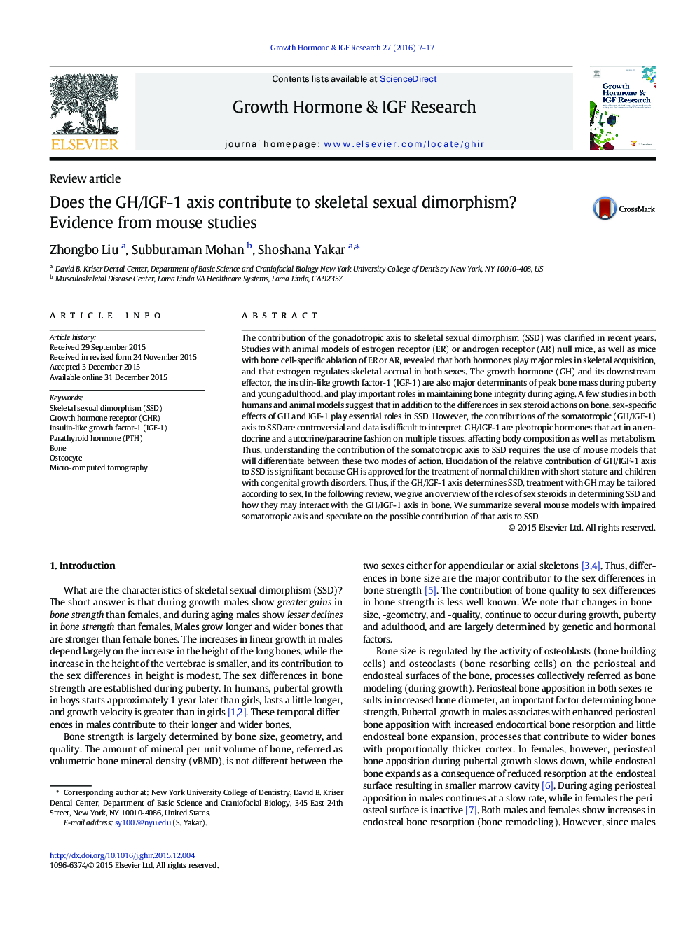 Does the GH/IGF-1 axis contribute to skeletal sexual dimorphism? Evidence from mouse studies