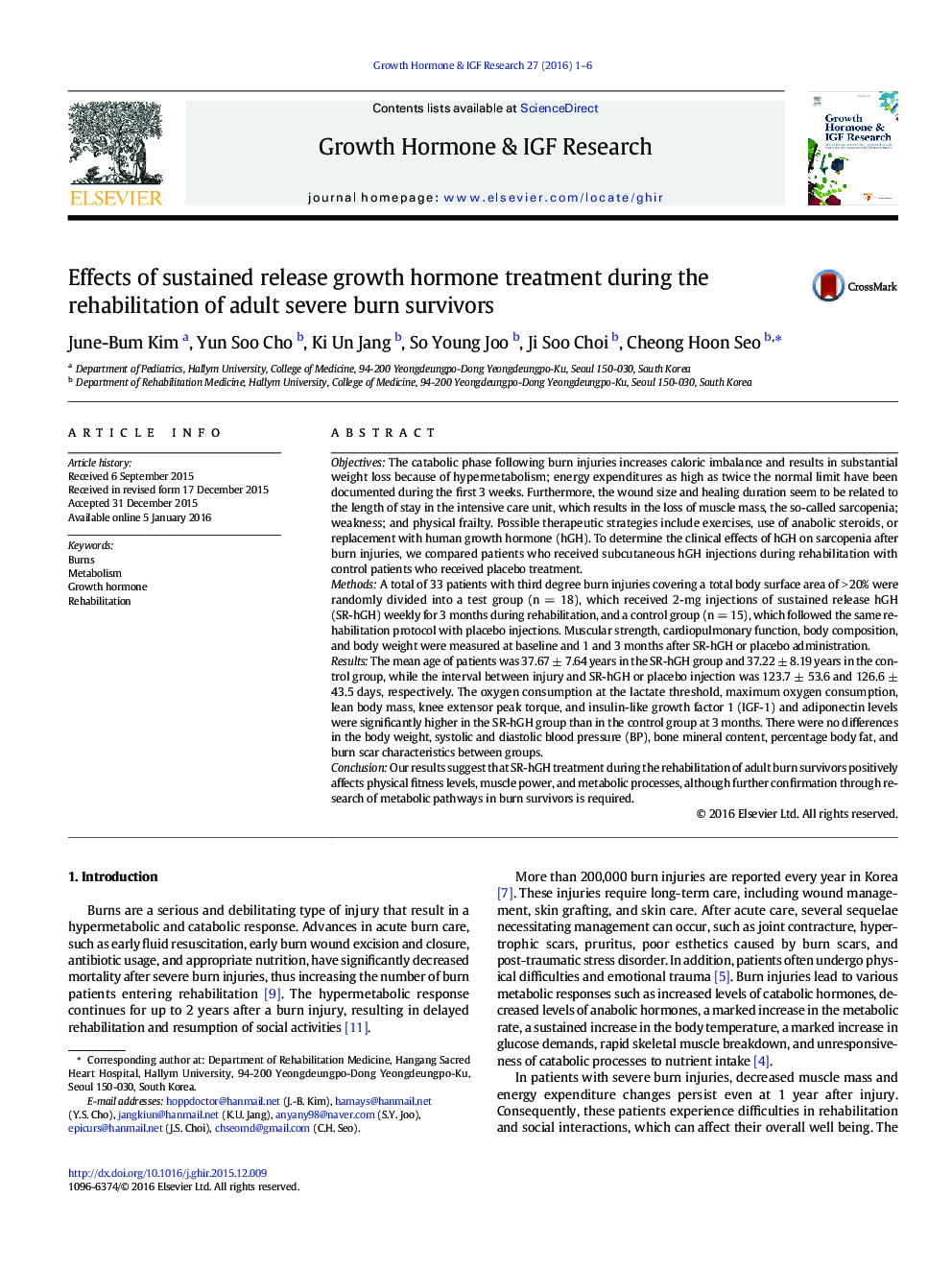 Effects of sustained release growth hormone treatment during the rehabilitation of adult severe burn survivors