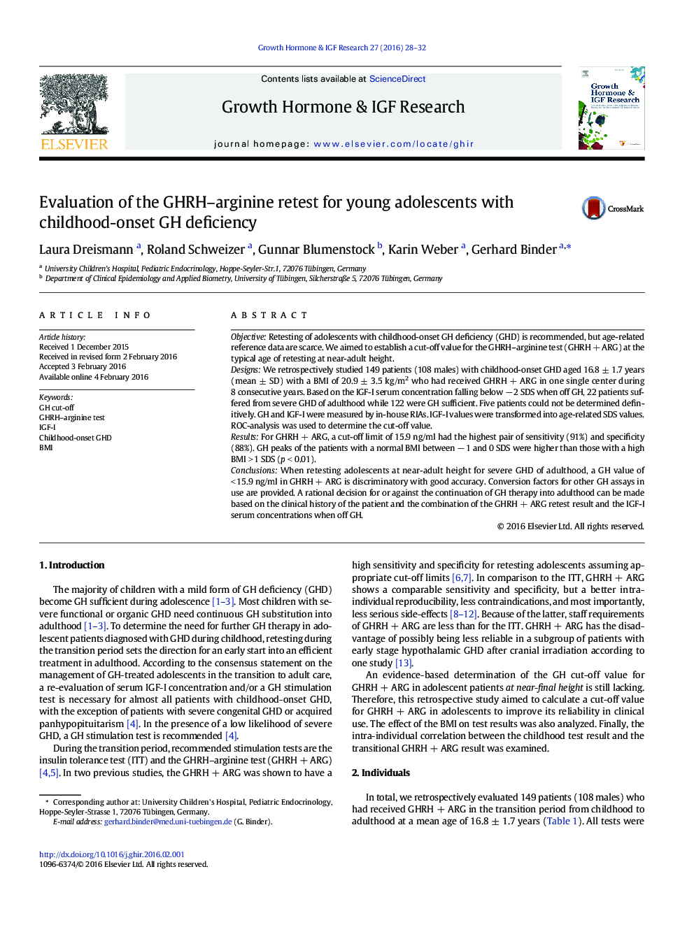 Evaluation of the GHRH-arginine retest for young adolescents with childhood-onset GH deficiency