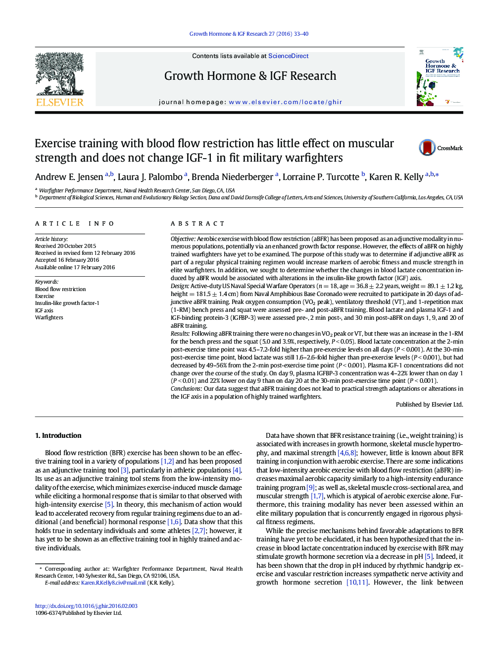 Exercise training with blood flow restriction has little effect on muscular strength and does not change IGF-1 in fit military warfighters