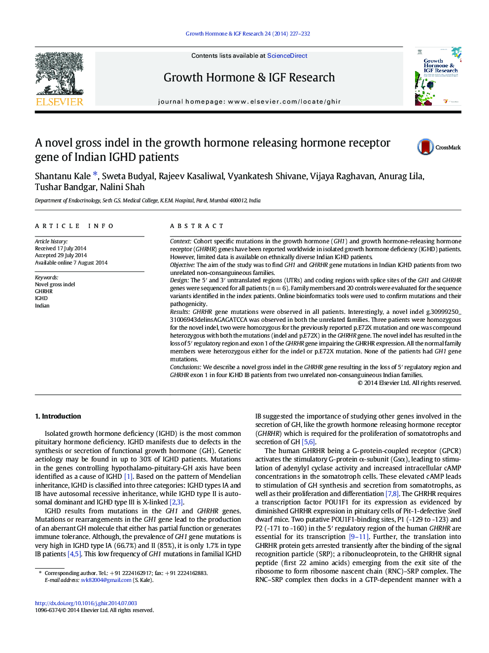 A novel gross indel in the growth hormone releasing hormone receptor gene of Indian IGHD patients