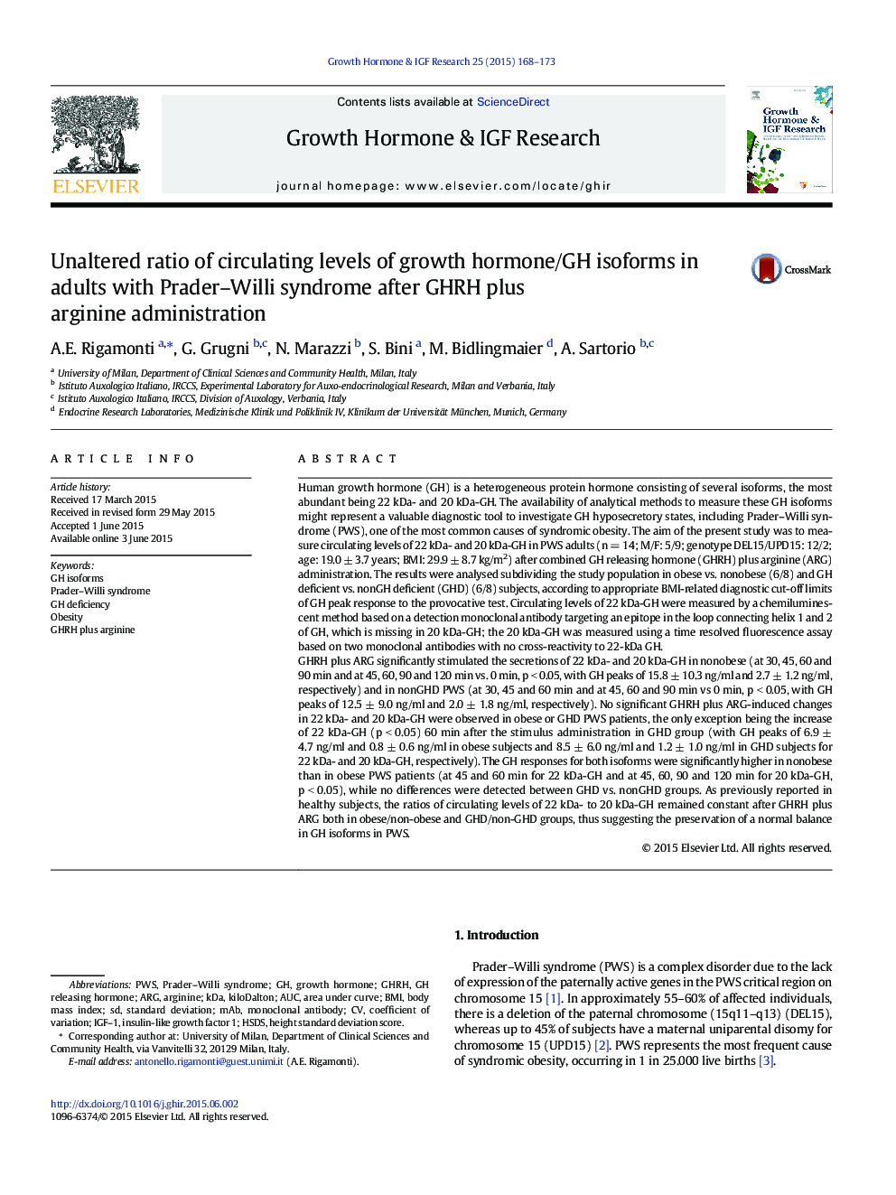 Unaltered ratio of circulating levels of growth hormone/GH isoforms in adults with Prader–Willi syndrome after GHRH plus arginine administration