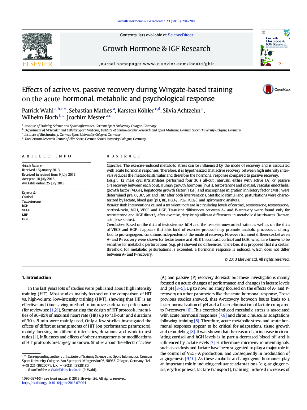 Effects of active vs. passive recovery during Wingate-based training on the acute hormonal, metabolic and psychological response