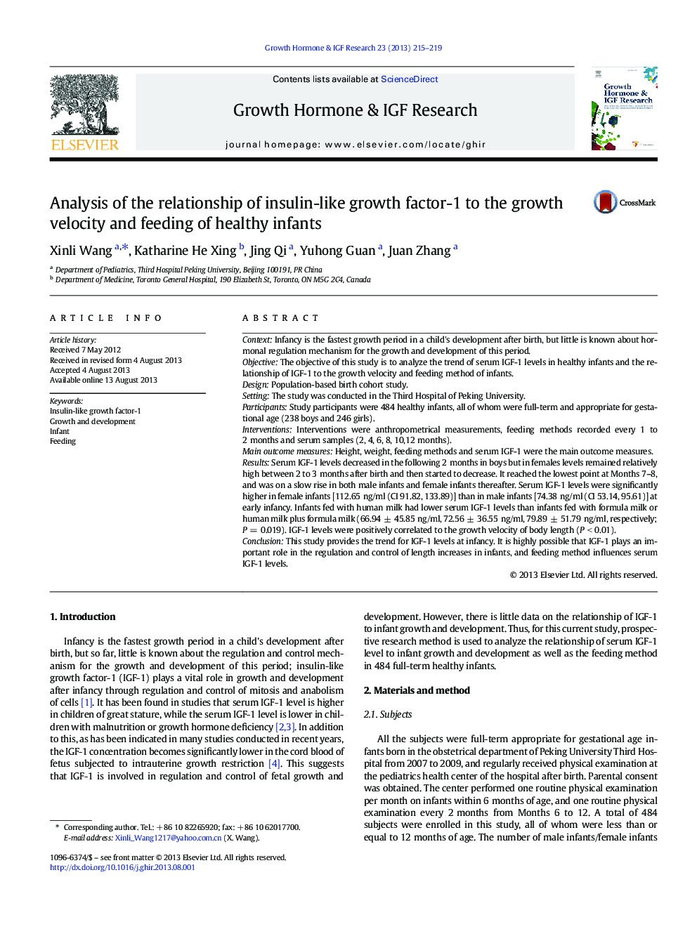 Analysis of the relationship of insulin-like growth factor-1 to the growth velocity and feeding of healthy infants
