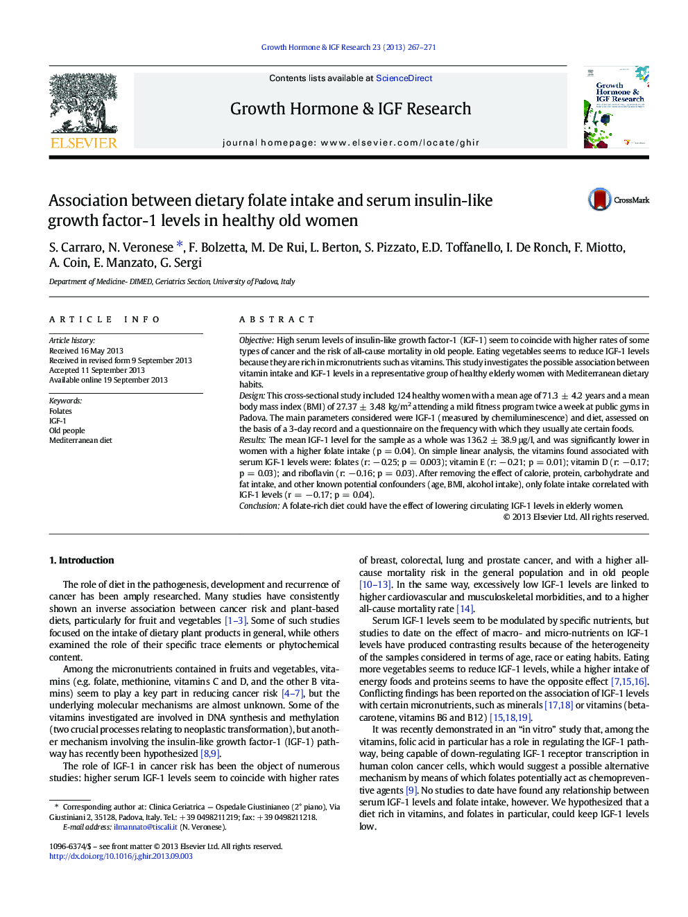 Association between dietary folate intake and serum insulin-like growth factor-1 levels in healthy old women