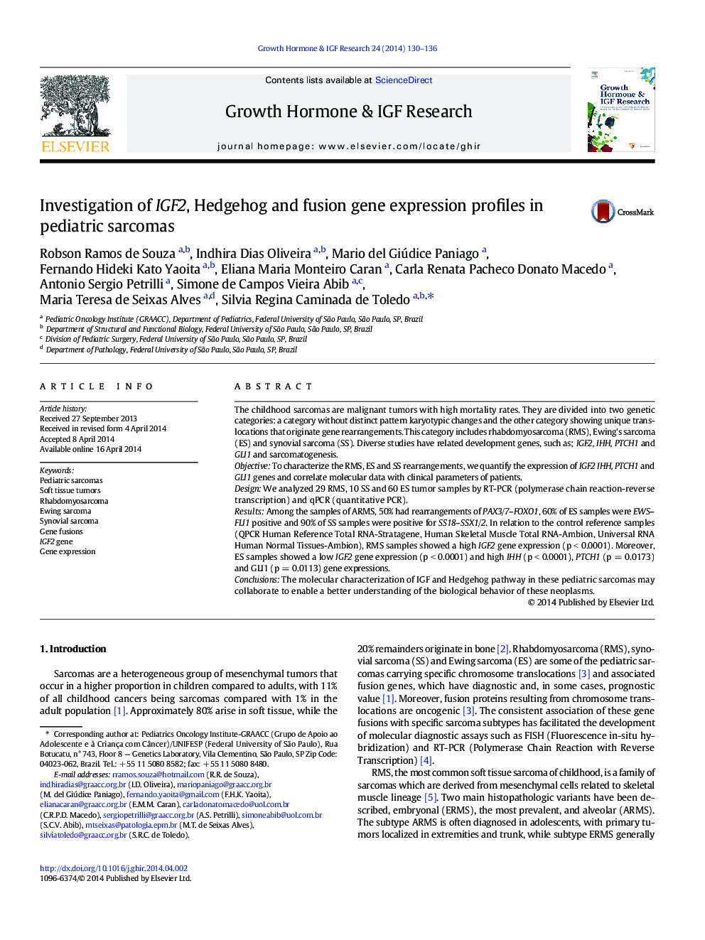 Investigation of IGF2, Hedgehog and fusion gene expression profiles in pediatric sarcomas