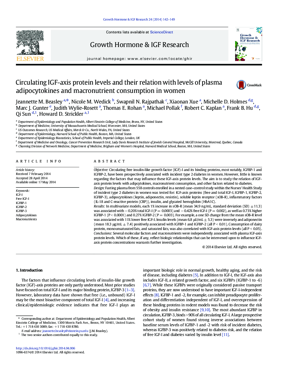 Circulating IGF-axis protein levels and their relation with levels of plasma adipocytokines and macronutrient consumption in women