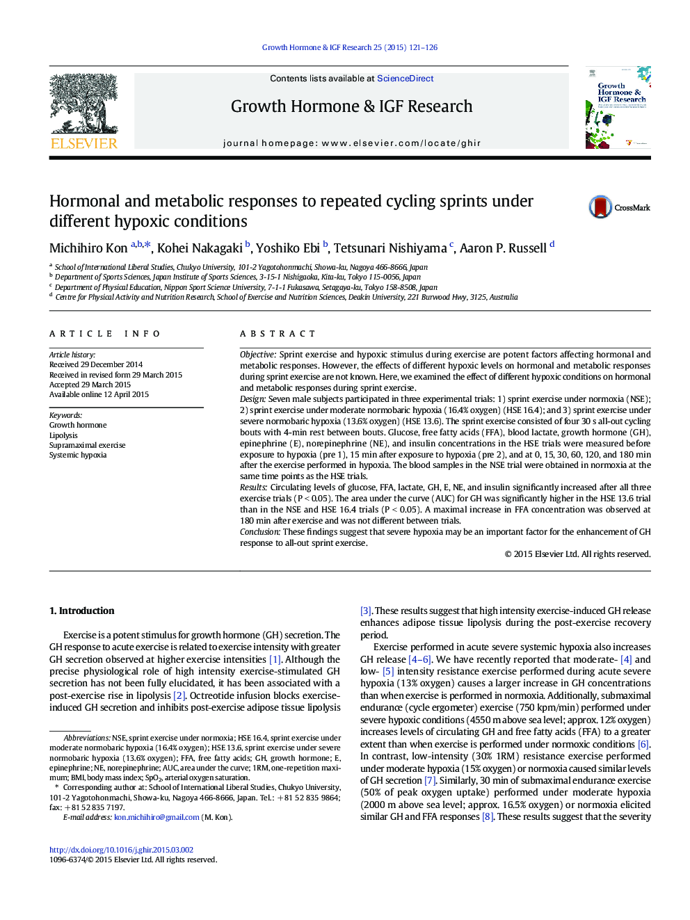 Hormonal and metabolic responses to repeated cycling sprints under different hypoxic conditions